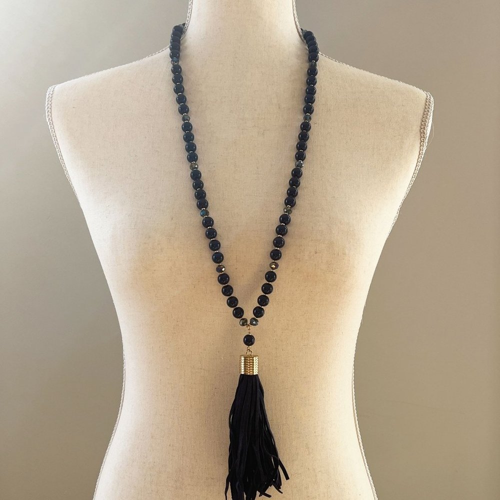 Boho Blue Tassel Beaded Long Necklace 42" -45"